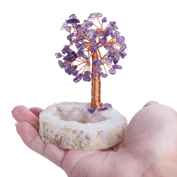 Handmade Crystal Tree Natural Agate Quartz Base Bonsai, Green Dongling, Ametrine, Amethyst, & Clear Quartz Tree Healing Crystal Home