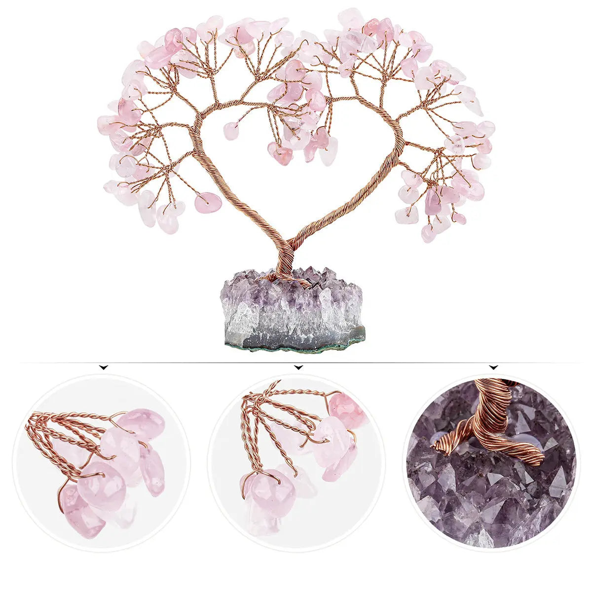 Love Heart-shaped Tree Handmaded by Amethyst, Rose Quartz, Aquamarine, Fluorite Crystals, Gemstones Concentric Tree, Wishing Tree Healing Crystal Home