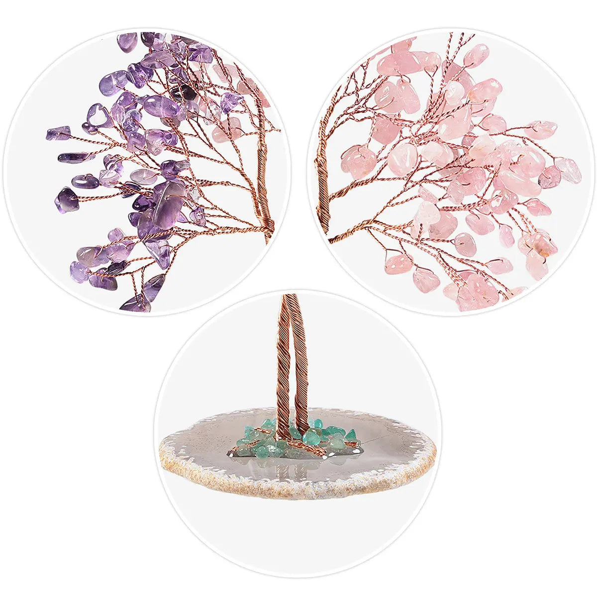 Tree Of Life with Two Branches (Amethyst, Citrine, Rose Quartz, Green Fluorite, Aquamarine, Green Adventurine) Concentric Tree Healing Crystal Home