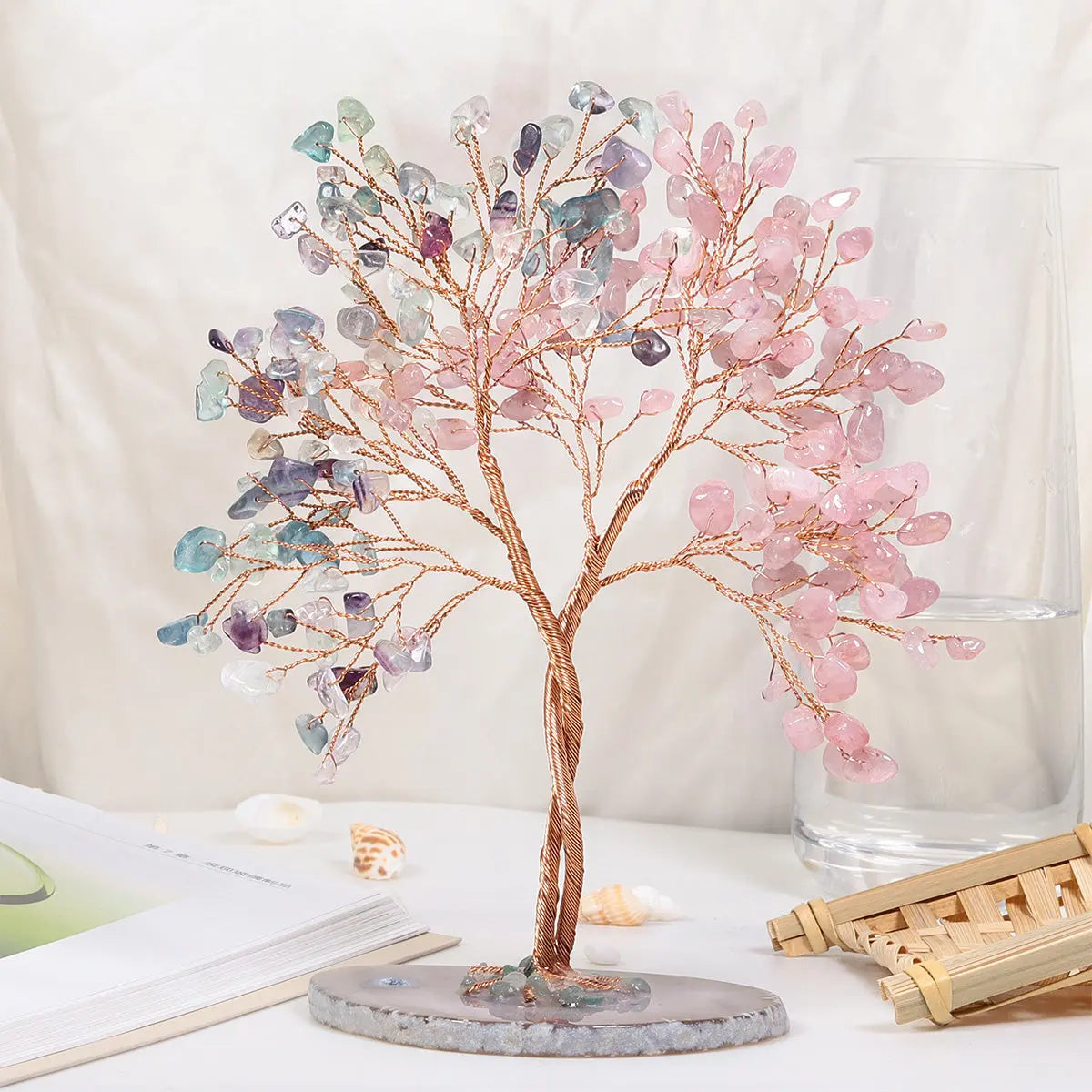 Tree Of Life with Two Branches (Amethyst, Citrine, Rose Quartz, Green Fluorite, Aquamarine, Green Adventurine) Concentric Tree Healing Crystal Home